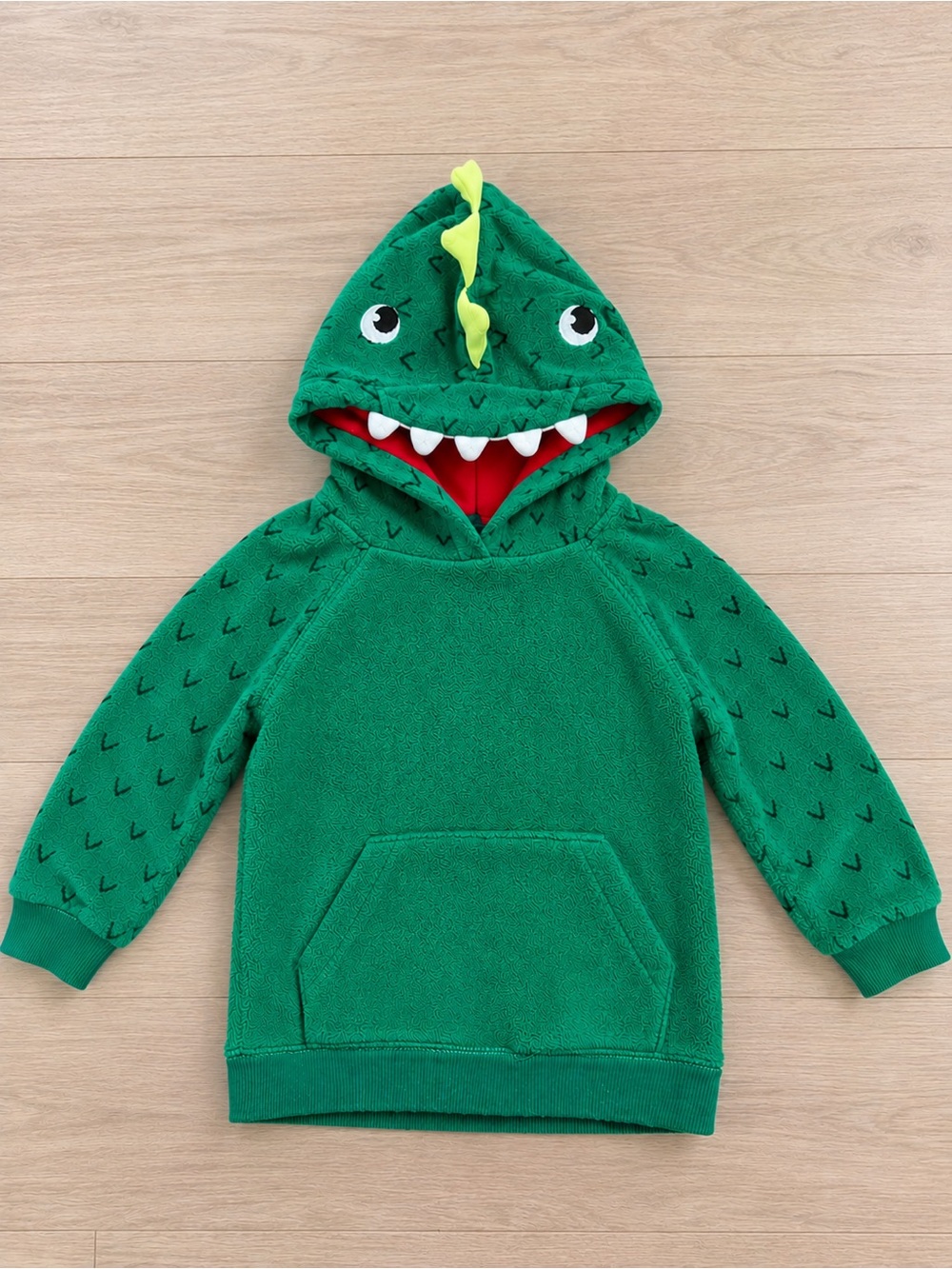 Carter's Green Dino Hooded Sweatshirt with Red Lined Hood - 2 Toddler - EUC